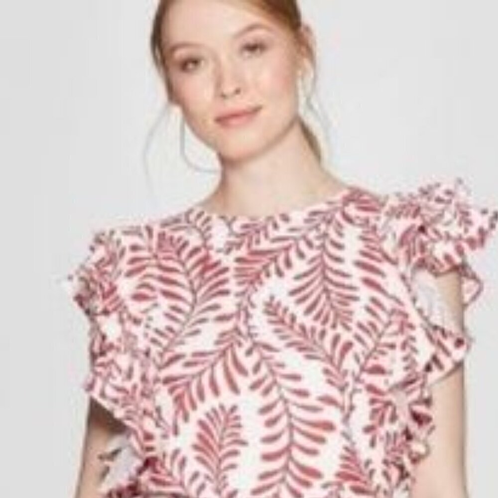 Who What Wear Linen Leaf Botanical Ruffle Sleeve Button Back Top S
